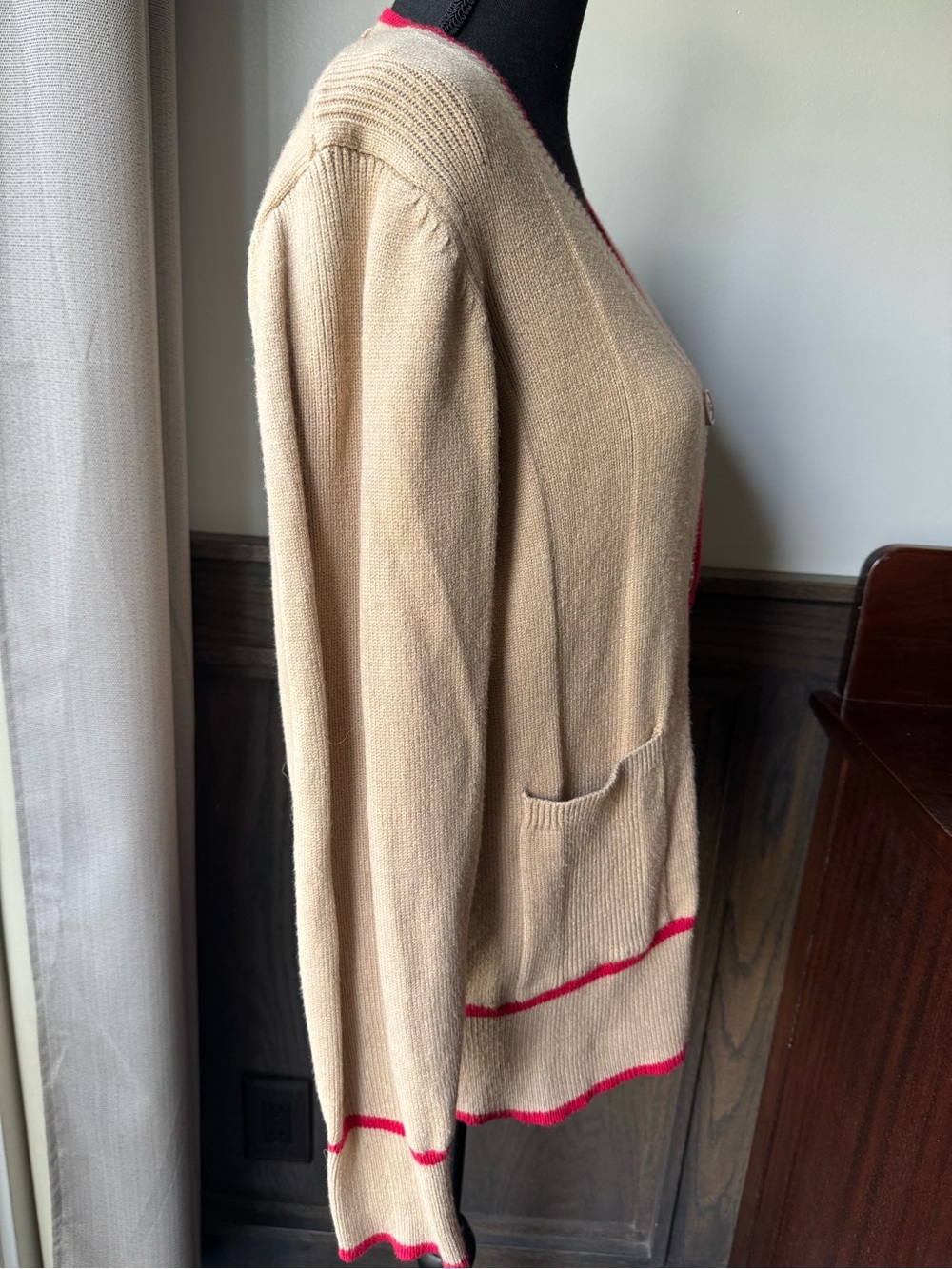 Beige Cardigan with Pink Trim V-Neck Button Front - Picture 5 of 7